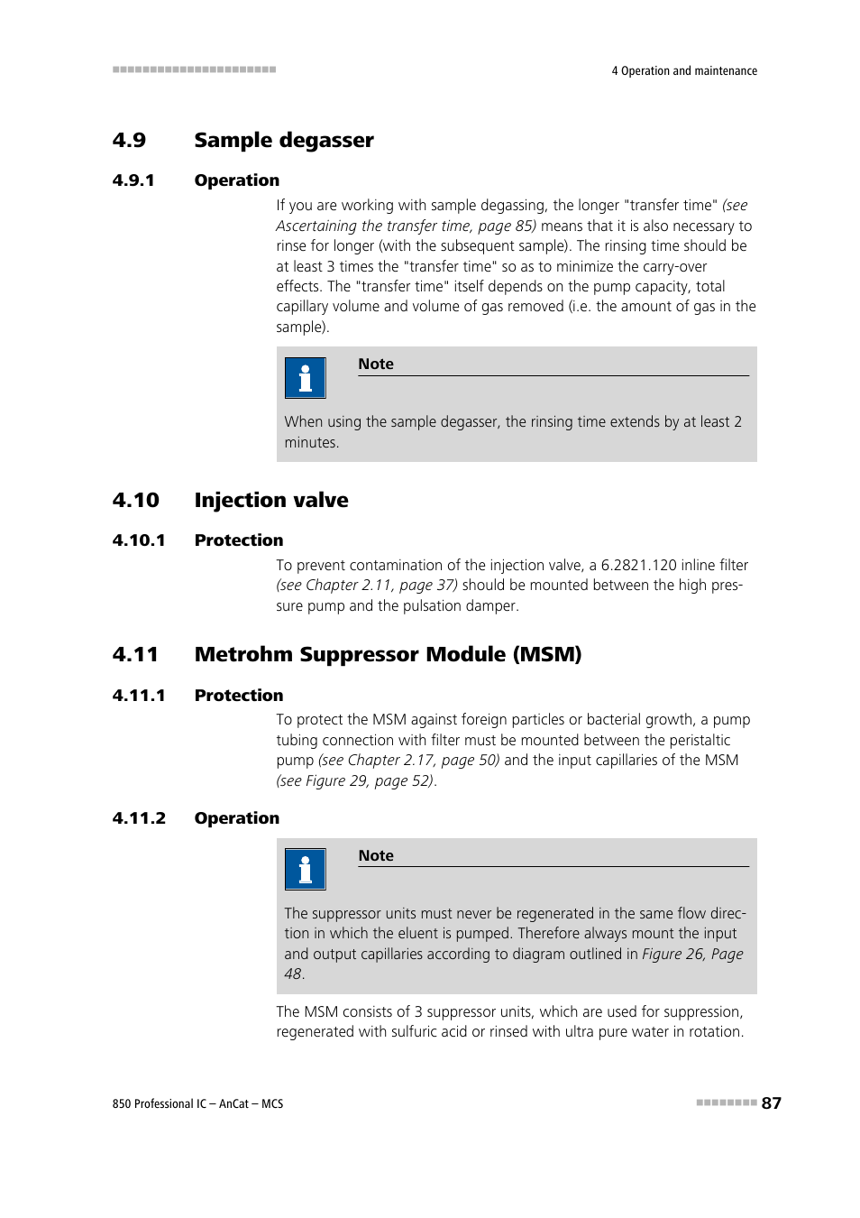 9 sample degasser, 1 operation, 10 injection valve | 1 protection, 11 metrohm suppressor module (msm), 2 operation, Sample degasser, Operation, Protection | Metrohm 850 Professional IC AnCat MCS User Manual | Page 97 / 143