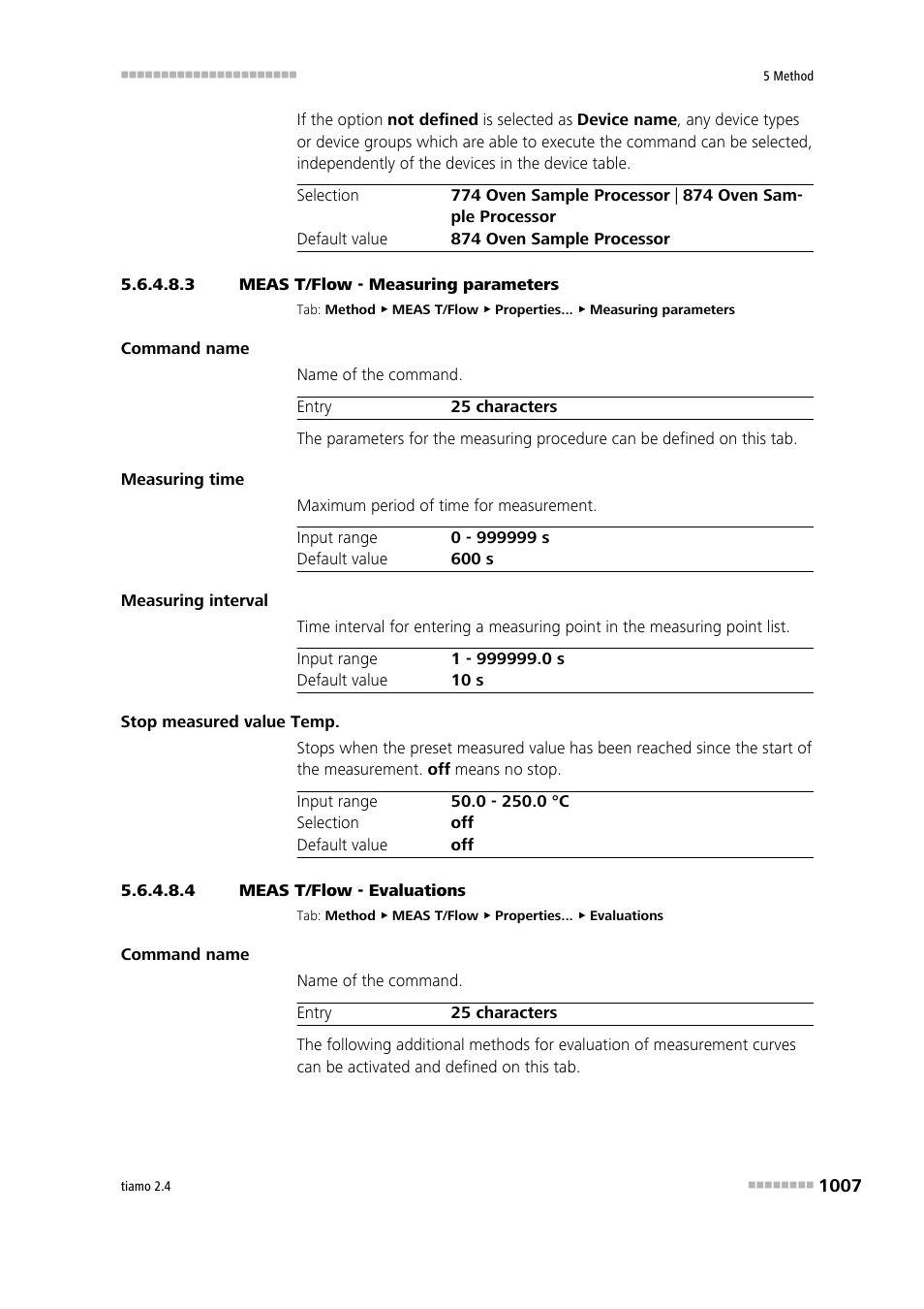 3 meas t/flow - measuring parameters, 4 meas t/flow - evaluations, Measuring parameters | Evaluation | Metrohm tiamo 2.4 Manual User Manual | Page 1023 / 1717
