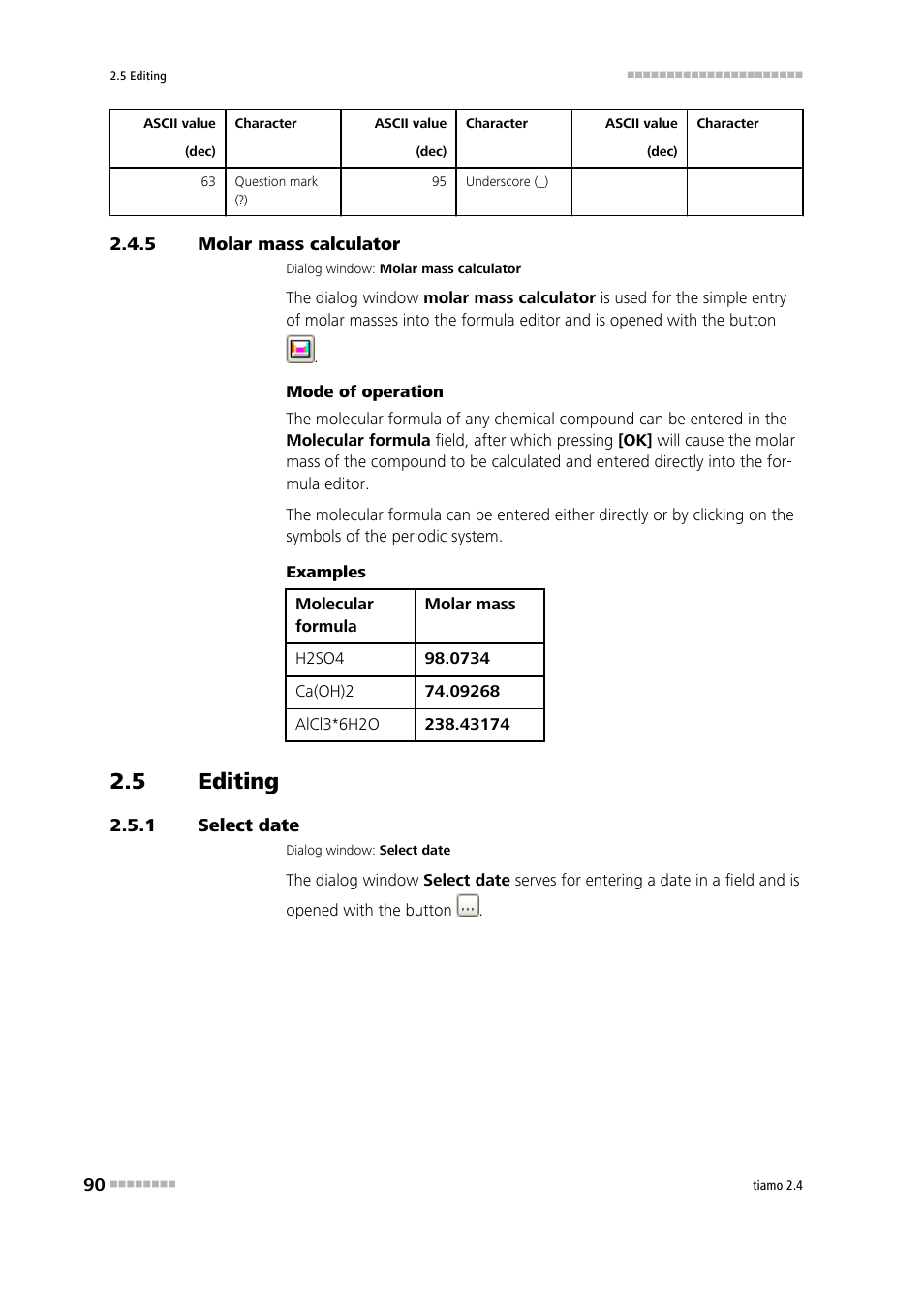 5 molar mass calculator, 5 editing, 1 select date | Molar mass calculator, Editing, Select date | Metrohm tiamo 2.4 Manual User Manual | Page 106 / 1717