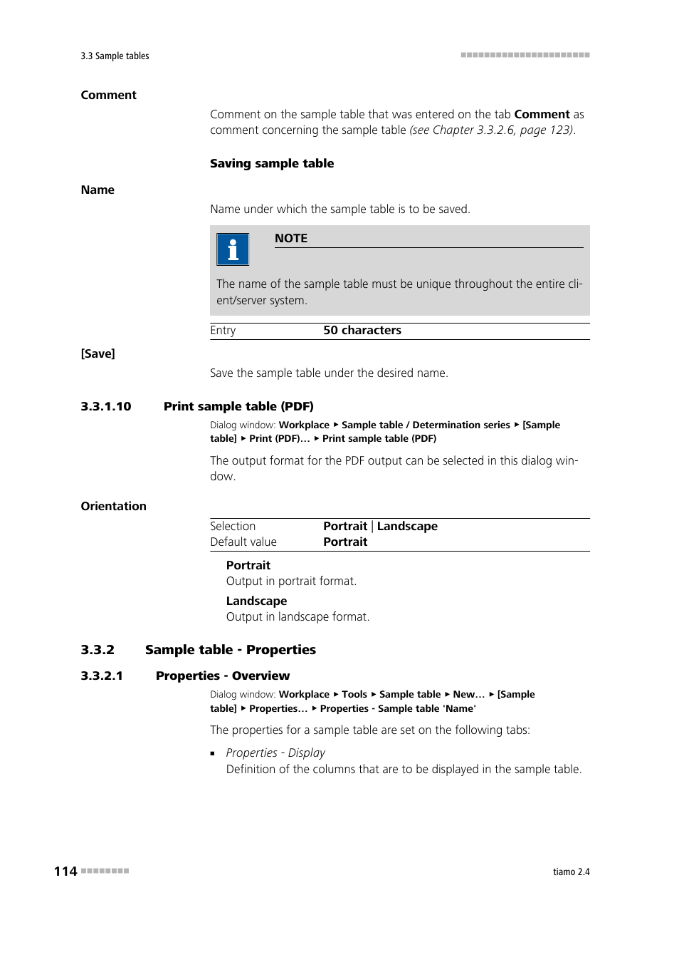 10 print sample table (pdf), 2 sample table - properties, 1 properties - overview | Sample table - properties, Print sample table, Define sample table properties | Metrohm tiamo 2.4 Manual User Manual | Page 130 / 1717