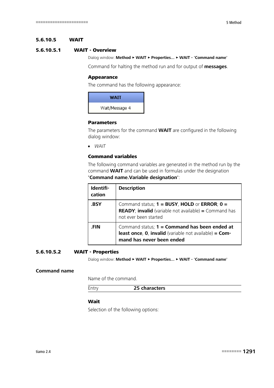 5 wait, 1 wait - overview, 2 wait - properties | Wait | Metrohm tiamo 2.4 Manual User Manual | Page 1307 / 1717