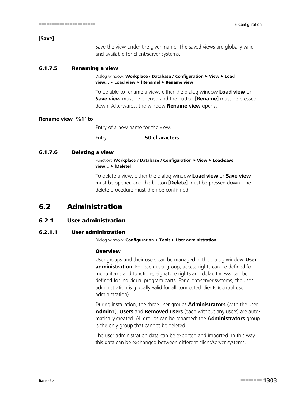 5 renaming a view, 6 deleting a view, 2 administration | 1 user administration, Administration 3, User administration 3, Manage user groups | Metrohm tiamo 2.4 Manual User Manual | Page 1319 / 1717