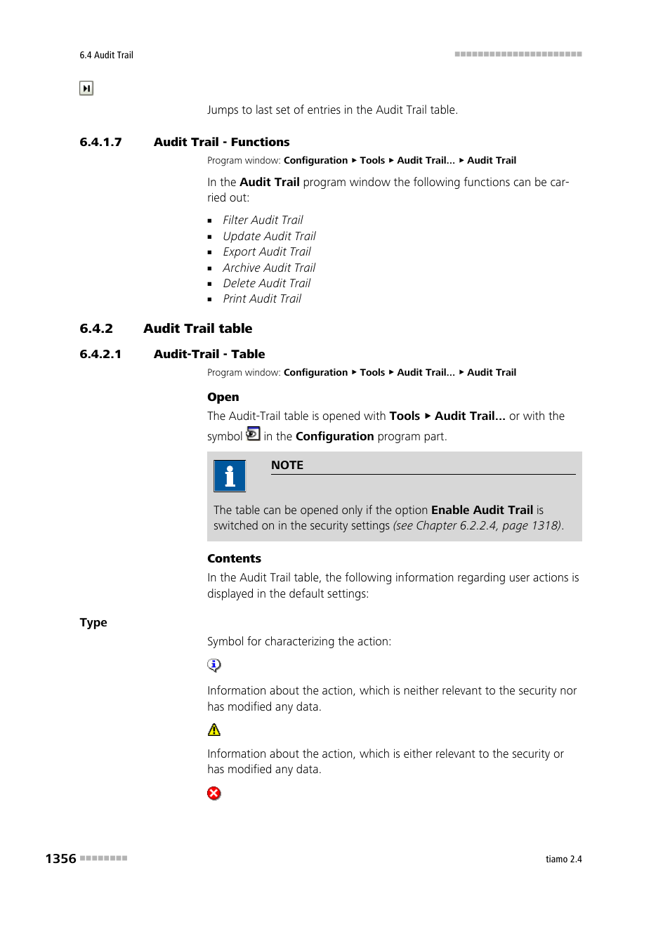 7 audit trail - functions, 2 audit trail table, 1 audit-trail - table | Audit trail table 6, Audit trail table | Metrohm tiamo 2.4 Manual User Manual | Page 1372 / 1717