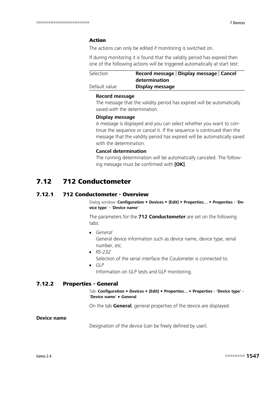 12 712 conductometer, 1 712 conductometer - overview, 2 properties - general | 12 712 conductometer 7 7.12.1, 712 conductometer - overview 7, Properties - general 7, 712 conductometer | Metrohm tiamo 2.4 Manual User Manual | Page 1563 / 1717