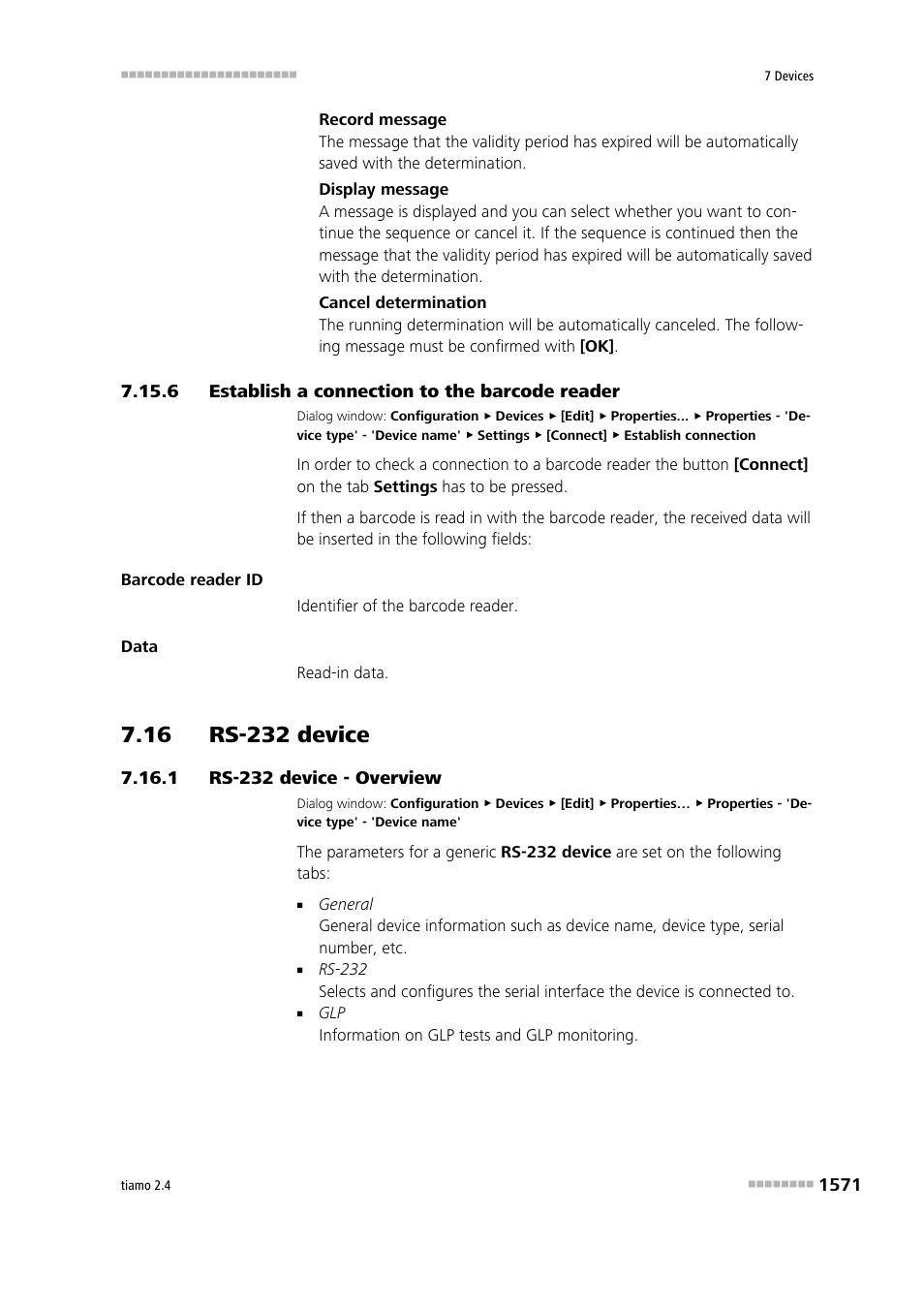 6 establish a connection to the barcode reader, 16 rs-232 device, 1 rs-232 device - overview | Establish a connection to the barcode reader 1, 16 rs-232 device 1 7.16.1, Rs-232 device - overview 1, Rs-232 device | Metrohm tiamo 2.4 Manual User Manual | Page 1587 / 1717
