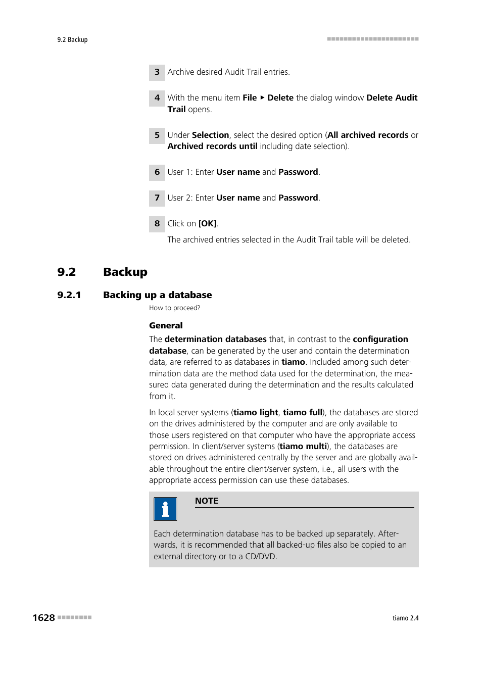 2 backup, 1 backing up a database, Backup 8 | Backing up a database 8 | Metrohm tiamo 2.4 Manual User Manual | Page 1644 / 1717