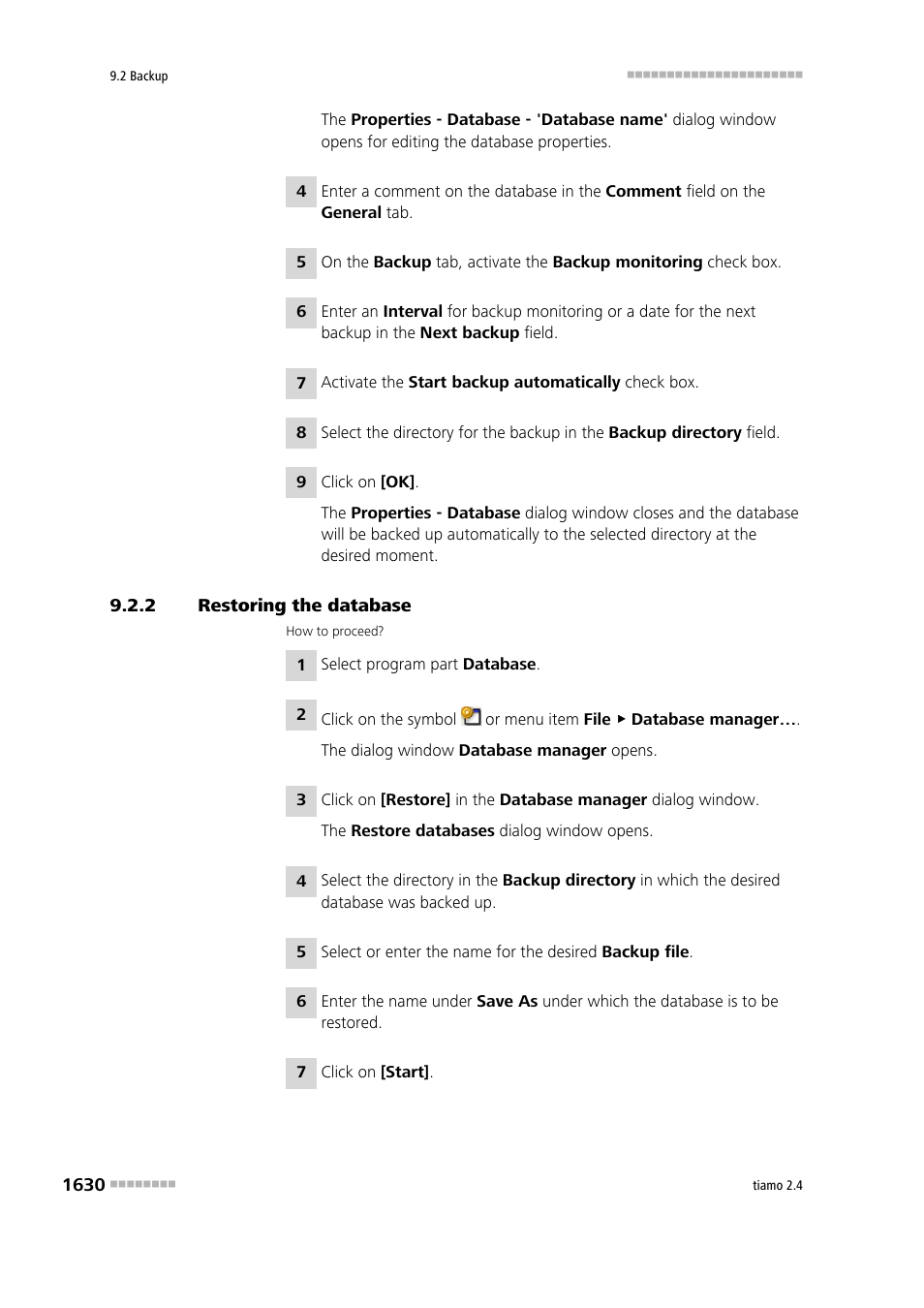 2 restoring the database, Restoring the database 0 | Metrohm tiamo 2.4 Manual User Manual | Page 1646 / 1717