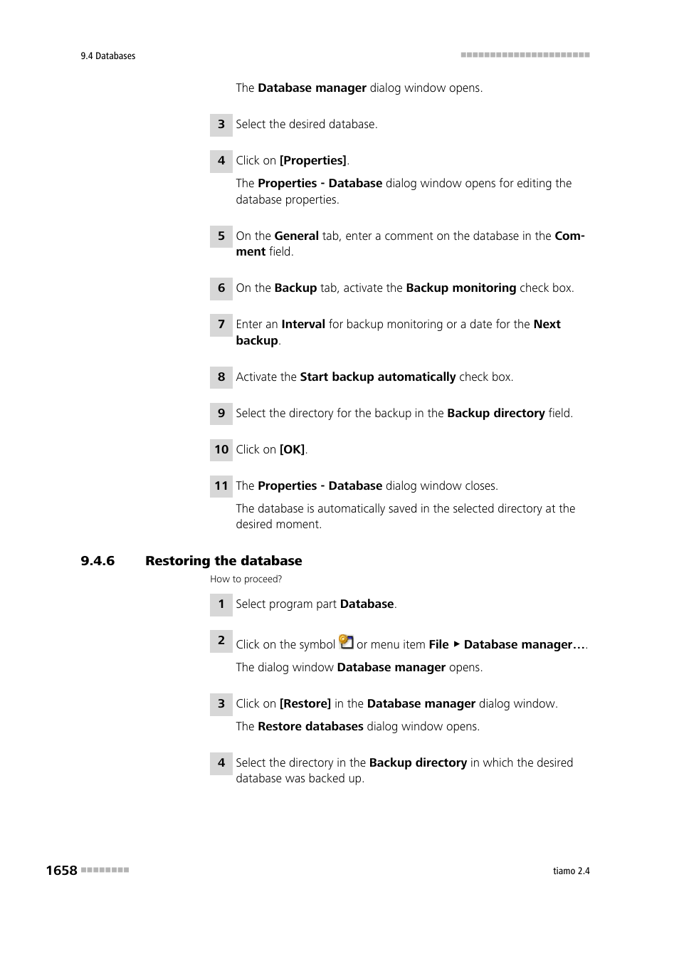 6 restoring the database, Restoring the database 8 | Metrohm tiamo 2.4 Manual User Manual | Page 1674 / 1717