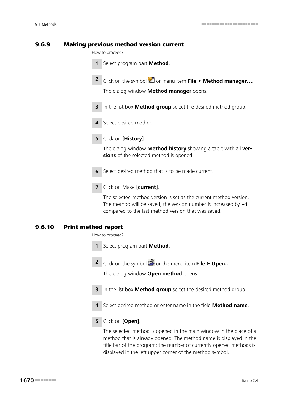 9 making previous method version current, 10 print method report, Making previous method version current 0 | Print method report 0 | Metrohm tiamo 2.4 Manual User Manual | Page 1686 / 1717