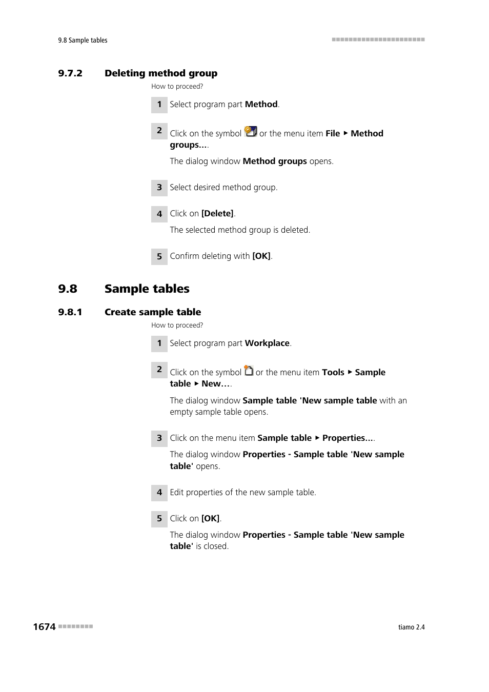 2 deleting method group, 8 sample tables, 1 create sample table | Deleting method group 4, Sample tables 4, Create sample table 4 | Metrohm tiamo 2.4 Manual User Manual | Page 1690 / 1717