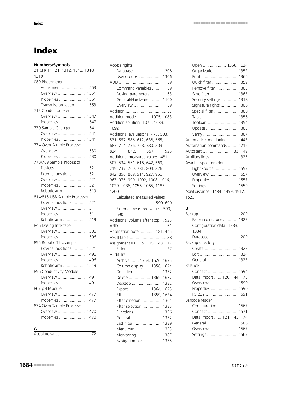 Index | Metrohm tiamo 2.4 Manual User Manual | Page 1700 / 1717