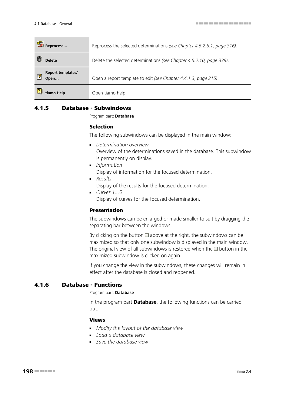 5 database - subwindows, 6 database - functions, Database - subwindows | Database - functions | Metrohm tiamo 2.4 Manual User Manual | Page 214 / 1717