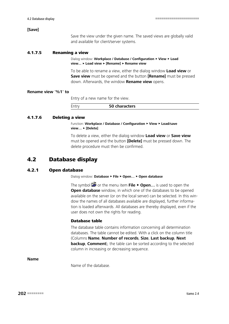 5 renaming a view, 6 deleting a view, 2 database display | 1 open database, Database display, Open database | Metrohm tiamo 2.4 Manual User Manual | Page 218 / 1717