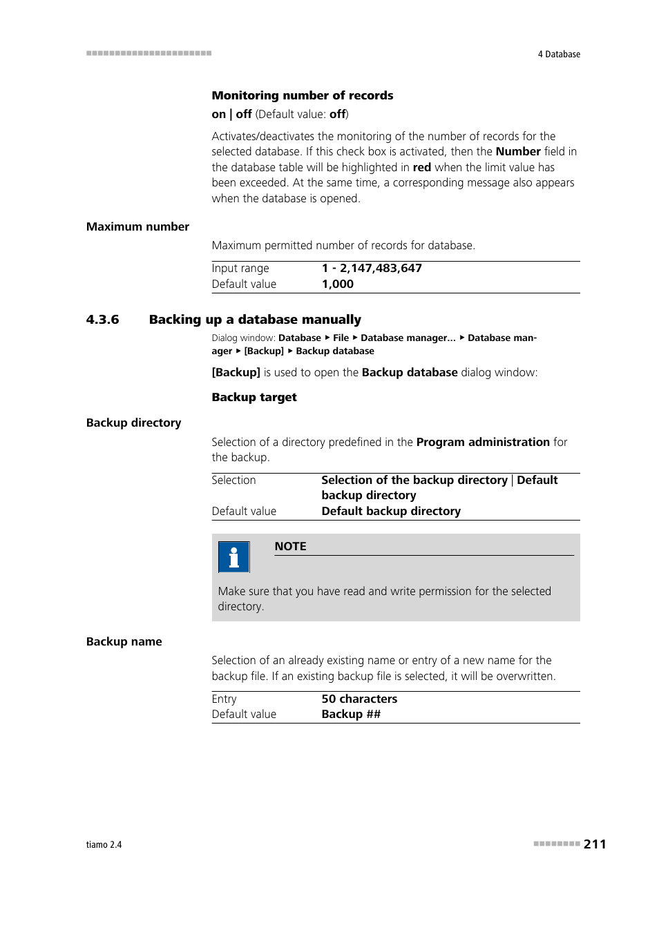 6 backing up a database manually, Backing up a database manually, Backup the database | Metrohm tiamo 2.4 Manual User Manual | Page 227 / 1717