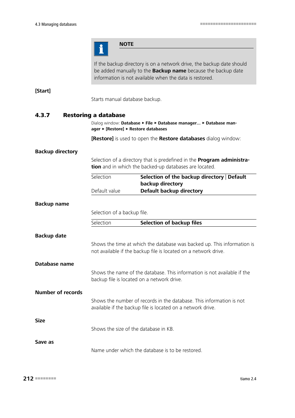 7 restoring a database, Restoring a database, Restore the database | Metrohm tiamo 2.4 Manual User Manual | Page 228 / 1717