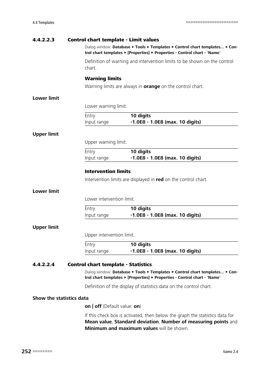 3 control chart template - limit values, 4 control chart template - statistics, Limits | Statistics | Metrohm tiamo 2.4 Manual User Manual | Page 268 / 1717