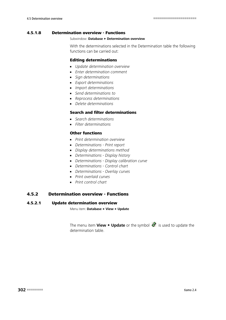 8 determination overview - functions, 2 determination overview - functions, 1 update determination overview | Determination overview - functions, Overview of functions | Metrohm tiamo 2.4 Manual User Manual | Page 318 / 1717