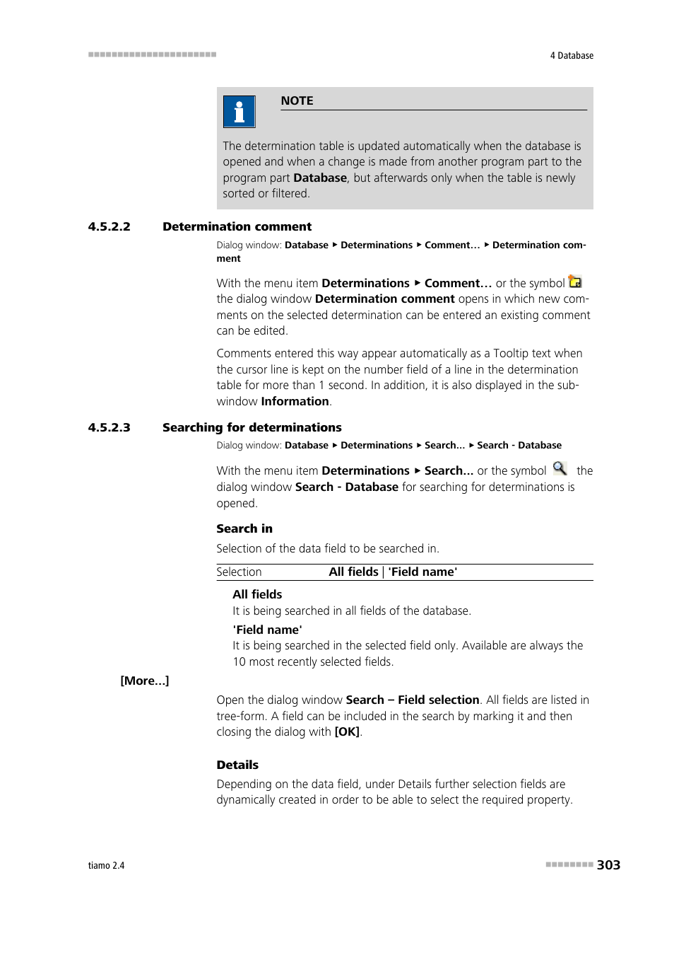 2 determination comment, 3 searching for determinations, Enter determination comment | Search determinations | Metrohm tiamo 2.4 Manual User Manual | Page 319 / 1717