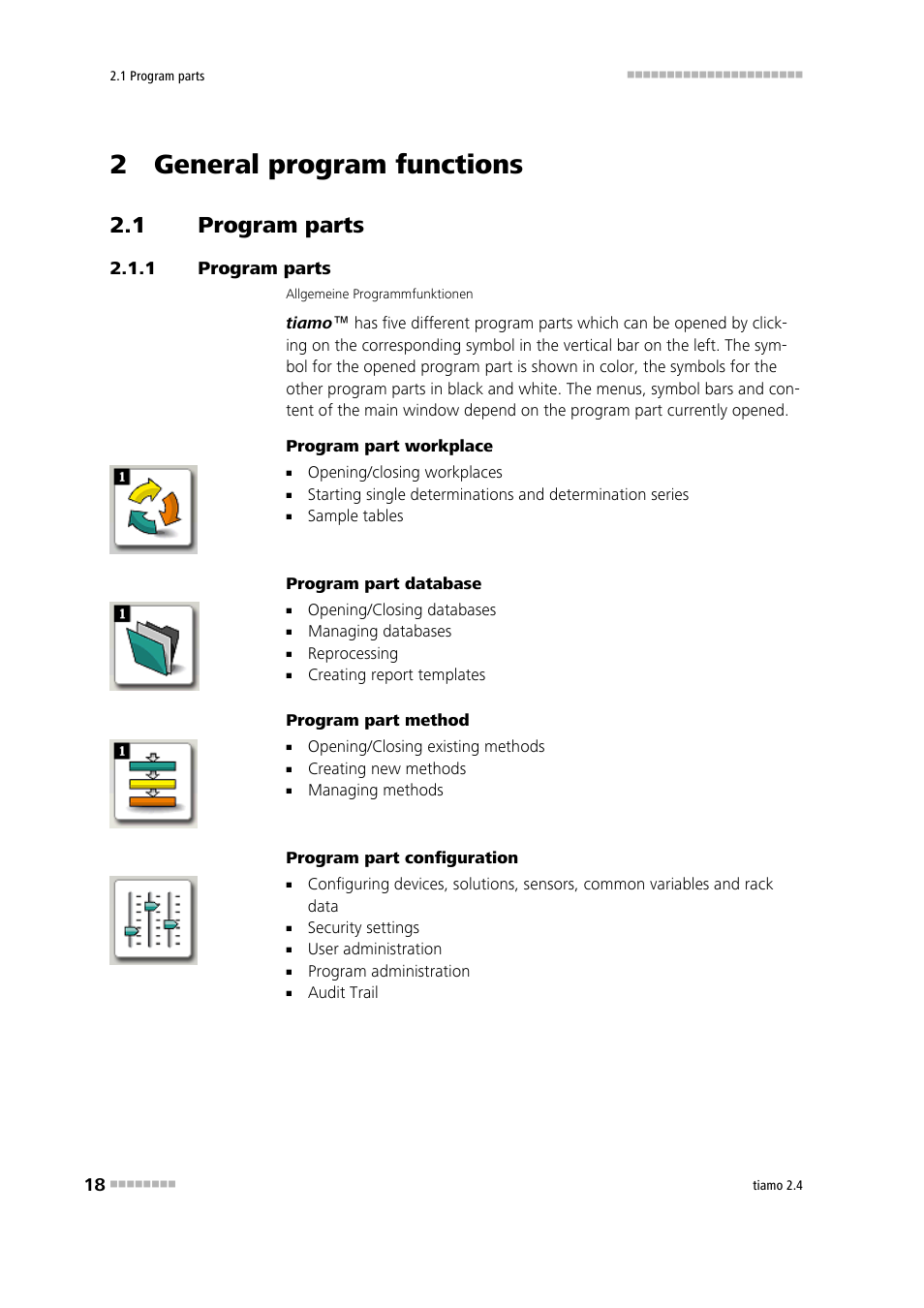 2 general program functions, 1 program parts, Program parts | Metrohm tiamo 2.4 Manual User Manual | Page 34 / 1717