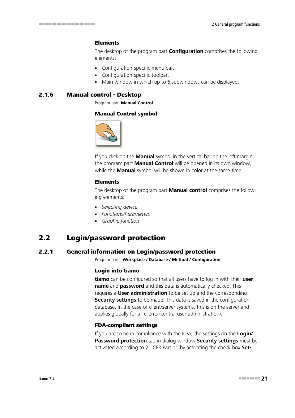 6 manual control - desktop, 2 login/password protection, 1 general information on login/password protection | Manual control - desktop, Login/password protection, General information on login/password protection, Manual | Metrohm tiamo 2.4 Manual User Manual | Page 37 / 1717