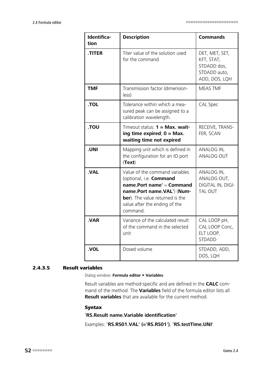5 result variables, Result vari- ables | Metrohm tiamo 2.4 Manual User Manual | Page 68 / 1717
