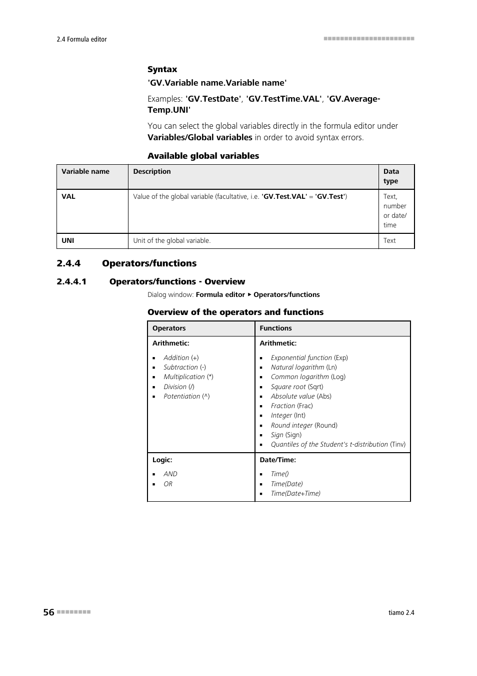 4 operators/functions, 1 operators/functions - overview, Operators/functions | Overview of the operators and functions | Metrohm tiamo 2.4 Manual User Manual | Page 72 / 1717