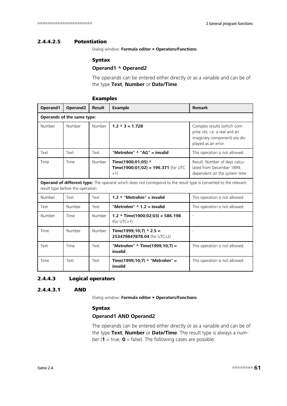 5 potentiation, 3 logical operators, 1 and | Logical and, Potentiation, Potentiation (^) | Metrohm tiamo 2.4 Manual User Manual | Page 77 / 1717