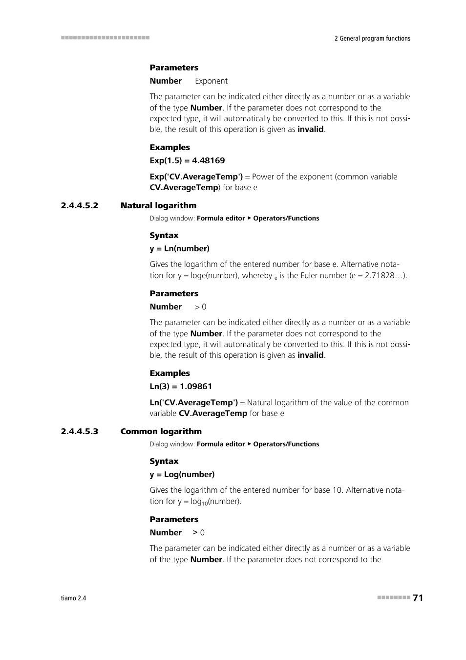 2 natural logarithm, 3 common logarithm, Natural logarithm | Common logarithm (log) | Metrohm tiamo 2.4 Manual User Manual | Page 87 / 1717