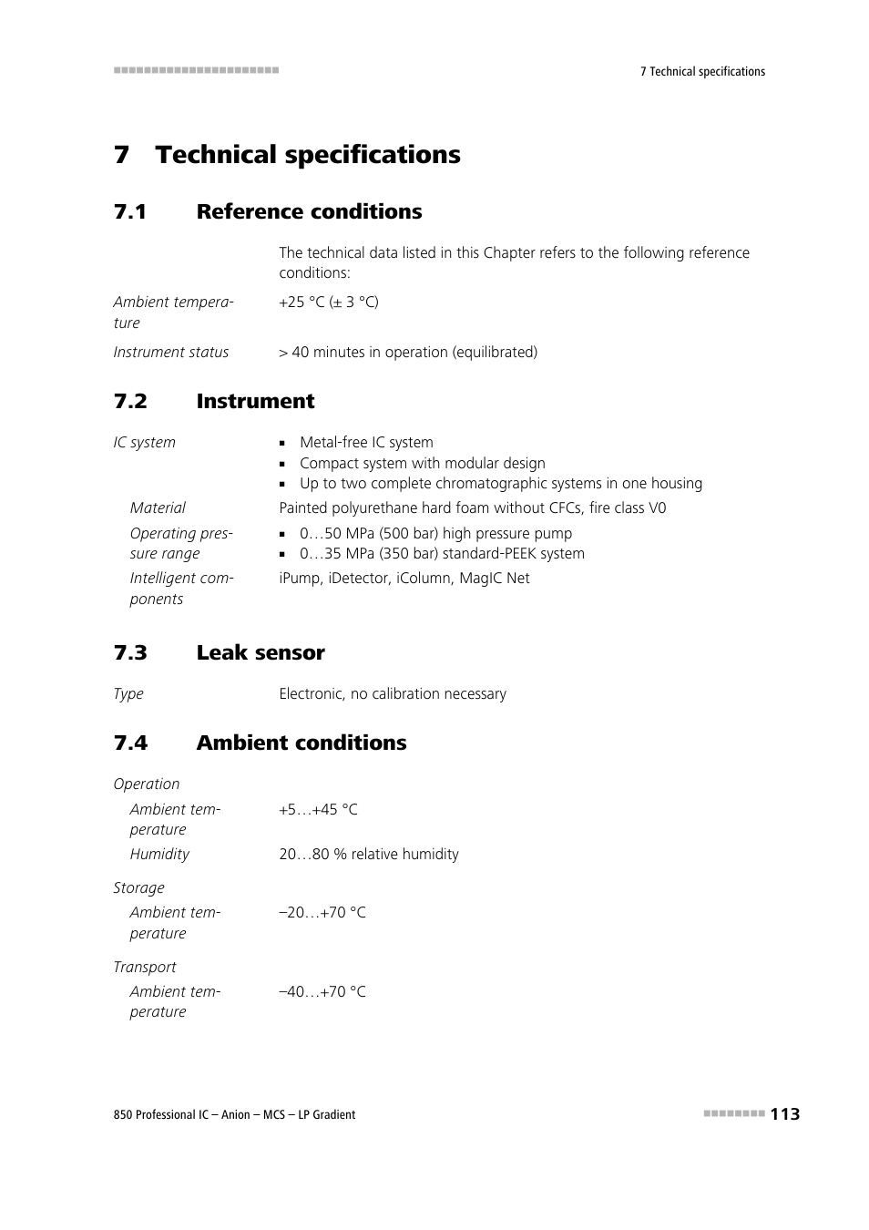 7 technical specifications, 1 reference conditions, 2 instrument | 3 leak sensor, 4 ambient conditions, Reference conditions, Instrument, Leak sensor, Ambient conditions | Metrohm 850 Professional IC Anion MCS LP-Gradient User Manual | Page 123 / 153