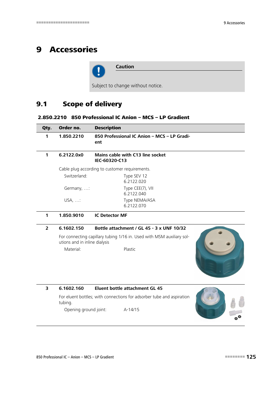 9 accessories, 1 scope of delivery, Scope of delivery | Metrohm 850 Professional IC Anion MCS LP-Gradient User Manual | Page 135 / 153