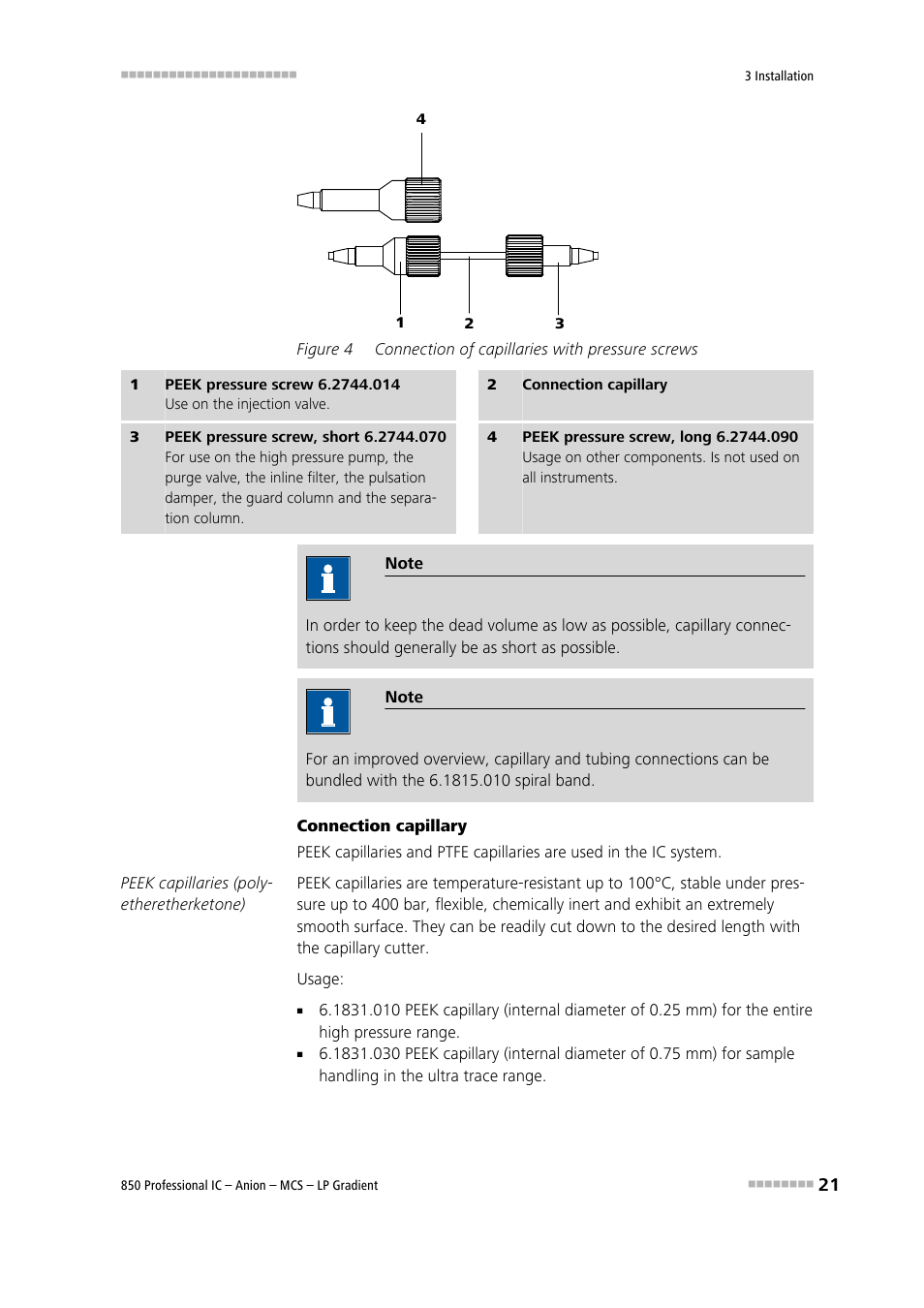 Figure 4, Connection of capillaries with pressure screws | Metrohm 850 Professional IC Anion MCS LP-Gradient User Manual | Page 31 / 153