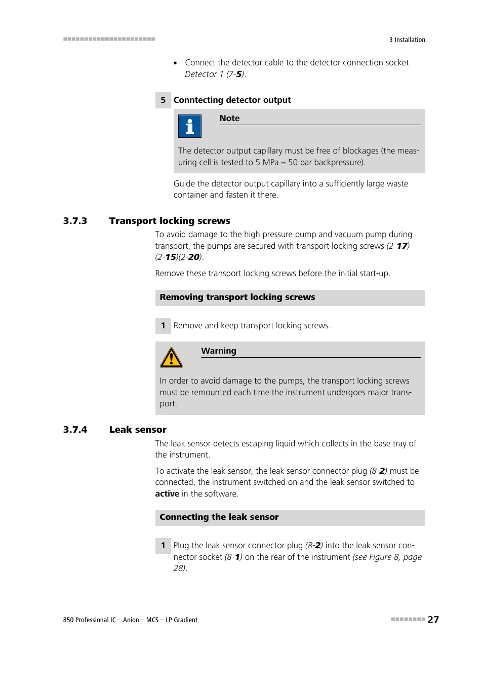 3 transport locking screws, 4 leak sensor, Transport locking screws | Leak sensor | Metrohm 850 Professional IC Anion MCS LP-Gradient User Manual | Page 37 / 153