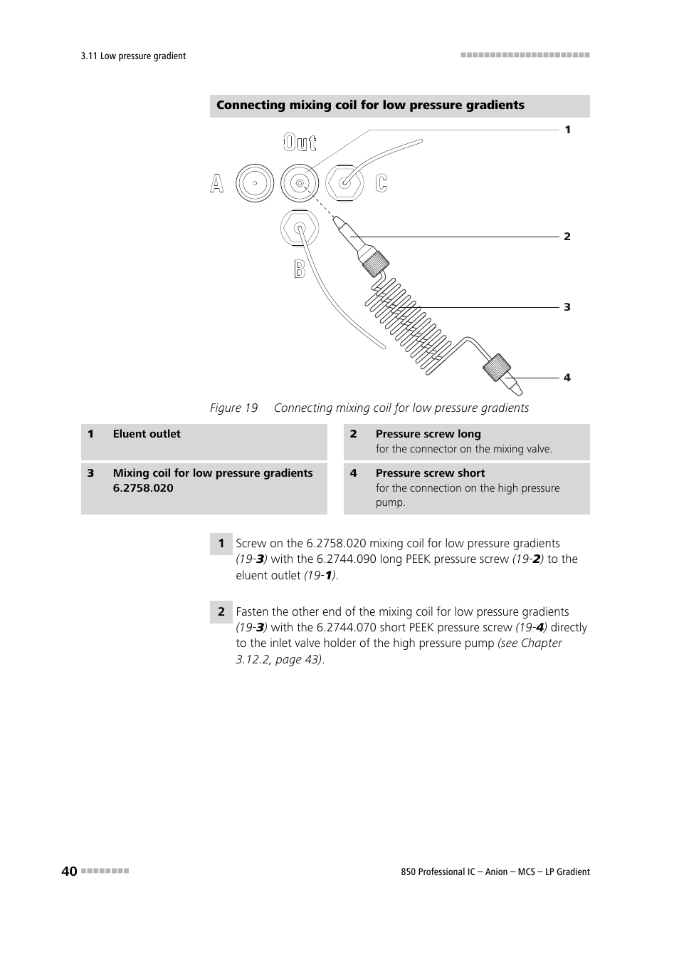 Figure 19, Connecting mixing coil for low pressure gradients | Metrohm 850 Professional IC Anion MCS LP-Gradient User Manual | Page 50 / 153