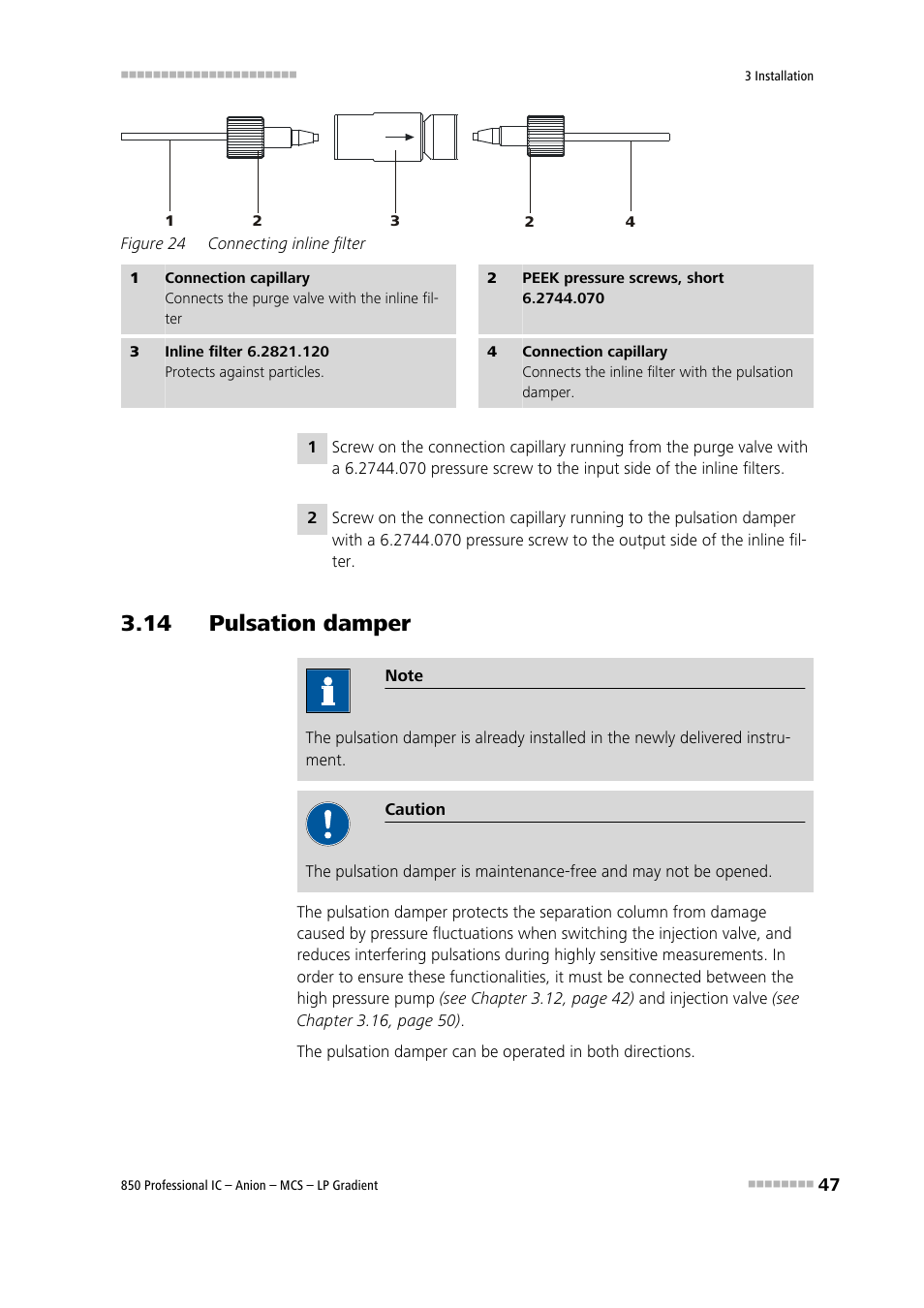 14 pulsation damper, Figure 24, Connecting inline filter | Metrohm 850 Professional IC Anion MCS LP-Gradient User Manual | Page 57 / 153