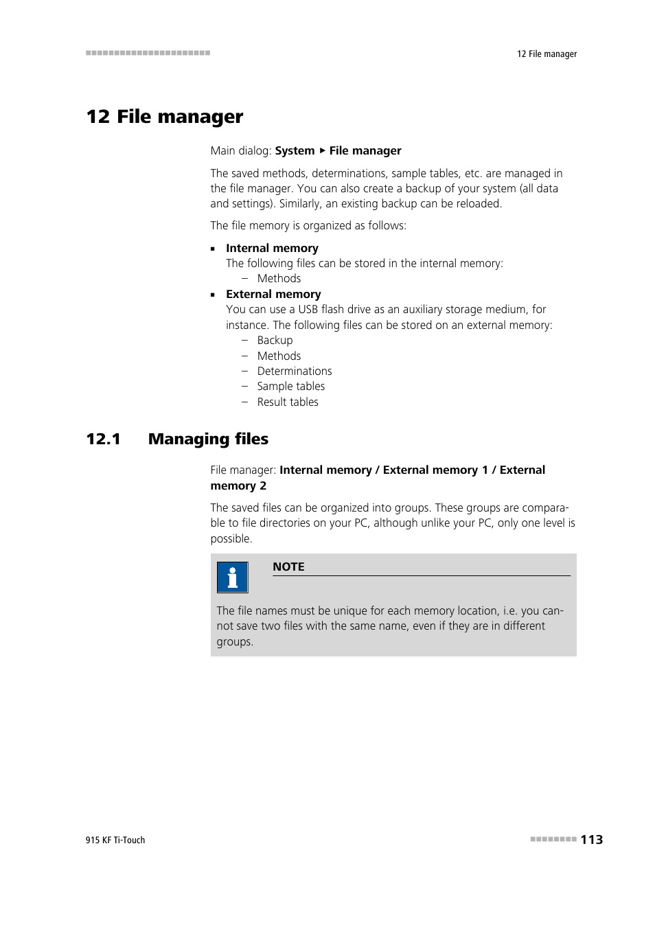 12 file manager, 1 managing files | Metrohm 915 KF Ti-Touch User Manual | Page 127 / 382