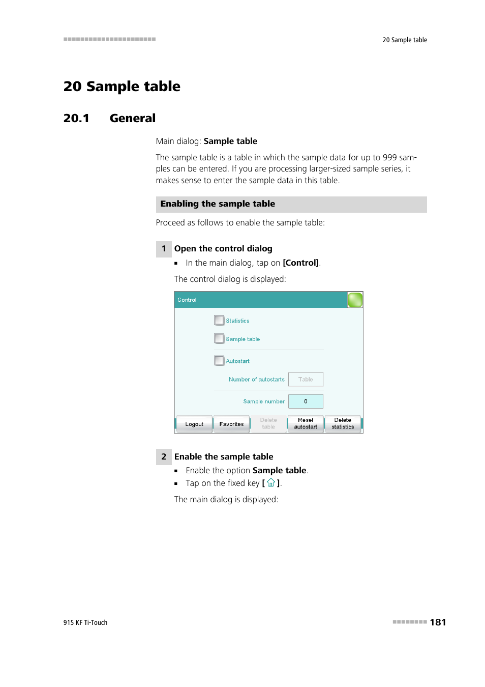 20 sample table, 1 general | Metrohm 915 KF Ti-Touch User Manual | Page 195 / 382