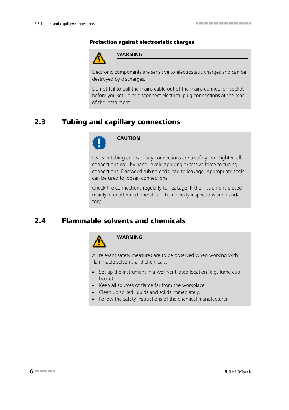 3 tubing and capillary connections, 4 flammable solvents and chemicals, Tubing and capillary connections | Flammable solvents and chemicals | Metrohm 915 KF Ti-Touch User Manual | Page 20 / 382
