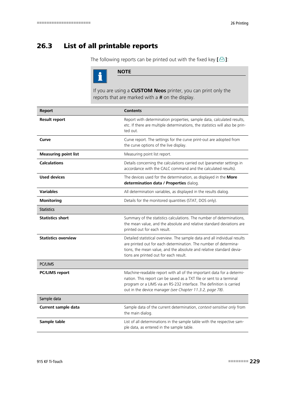 3 list of all printable reports | Metrohm 915 KF Ti-Touch User Manual | Page 243 / 382
