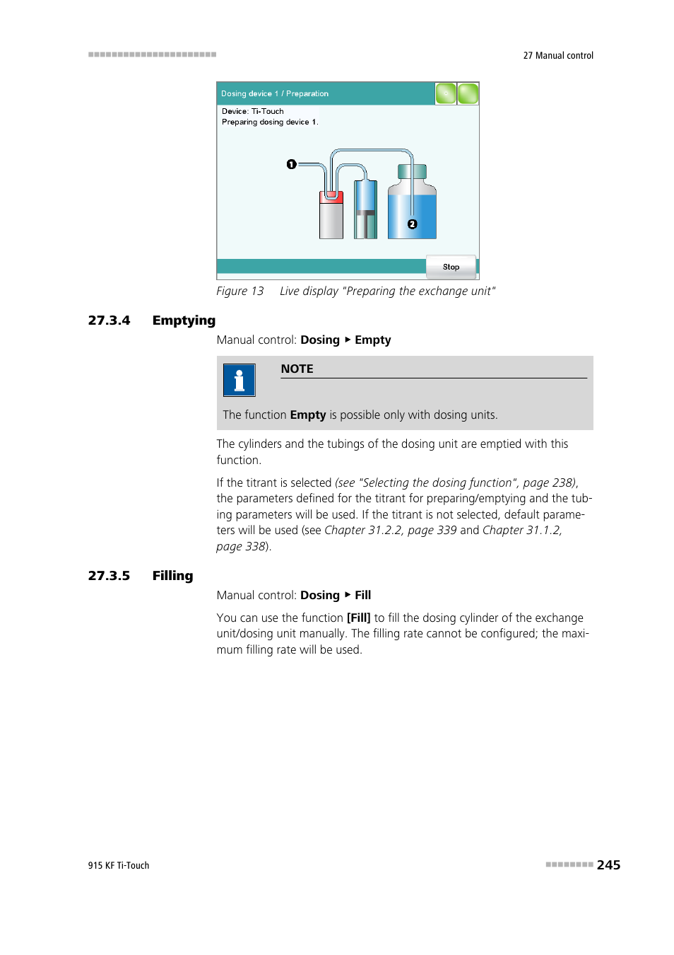 4 emptying, 5 filling, Emptying | Filling, Figure 13, Live display "preparing the exchange unit | Metrohm 915 KF Ti-Touch User Manual | Page 259 / 382