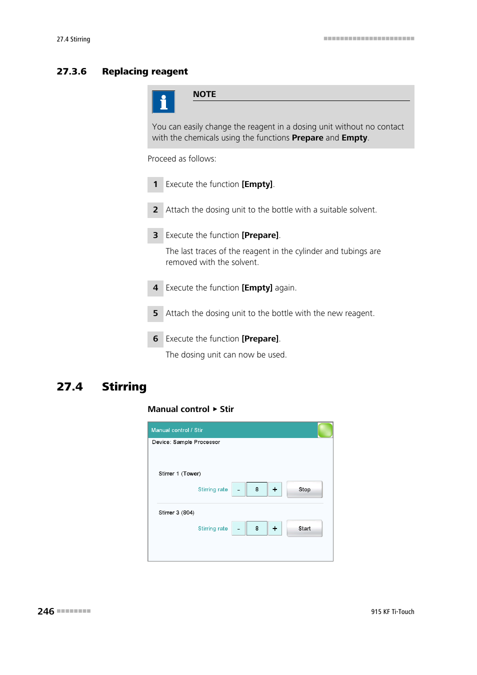 6 replacing reagent, 4 stirring, Replacing reagent | Metrohm 915 KF Ti-Touch User Manual | Page 260 / 382