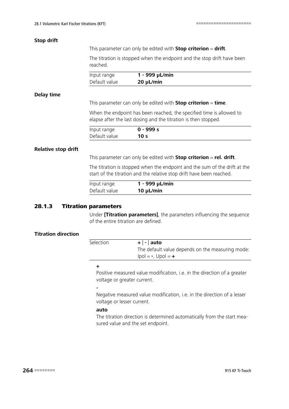 3 titration parameters, Titration parameters | Metrohm 915 KF Ti-Touch User Manual | Page 278 / 382