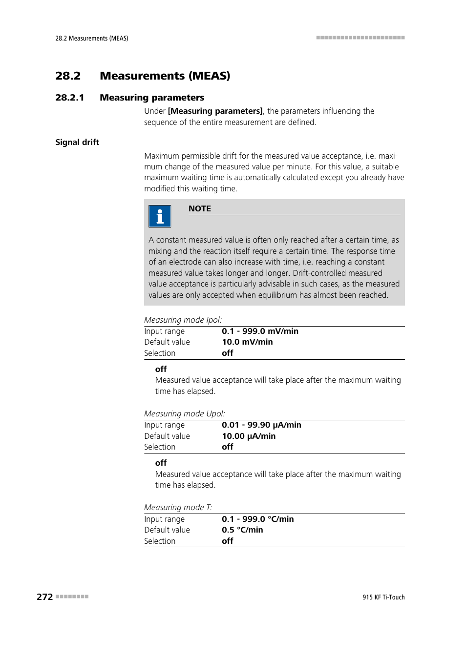 2 measurements (meas), 1 measuring parameters, 2 measurements (meas) 28.2.1 | Measuring parameters | Metrohm 915 KF Ti-Touch User Manual | Page 286 / 382
