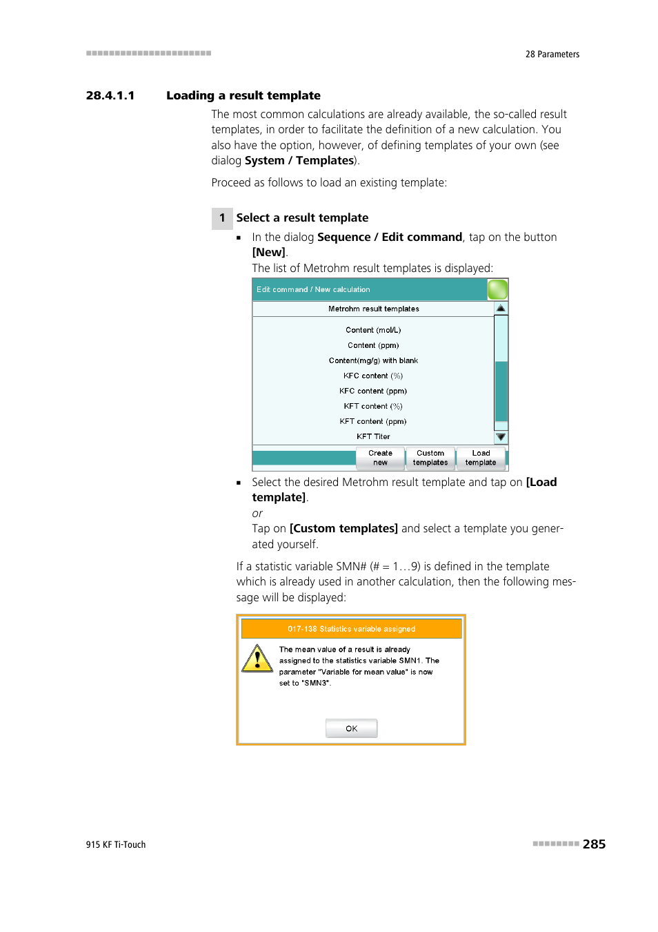 1 loading a result template | Metrohm 915 KF Ti-Touch User Manual | Page 299 / 382
