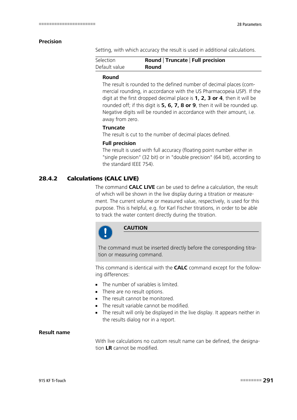2 calculations (calc live), Calculations (calc live) | Metrohm 915 KF Ti-Touch User Manual | Page 305 / 382