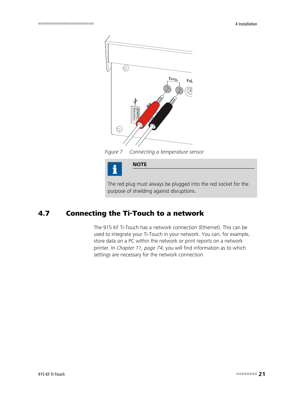 7 connecting the ti-touch to a network, Connecting the ti-touch to a network, Figure 7 | Connecting a temperature sensor | Metrohm 915 KF Ti-Touch User Manual | Page 35 / 382