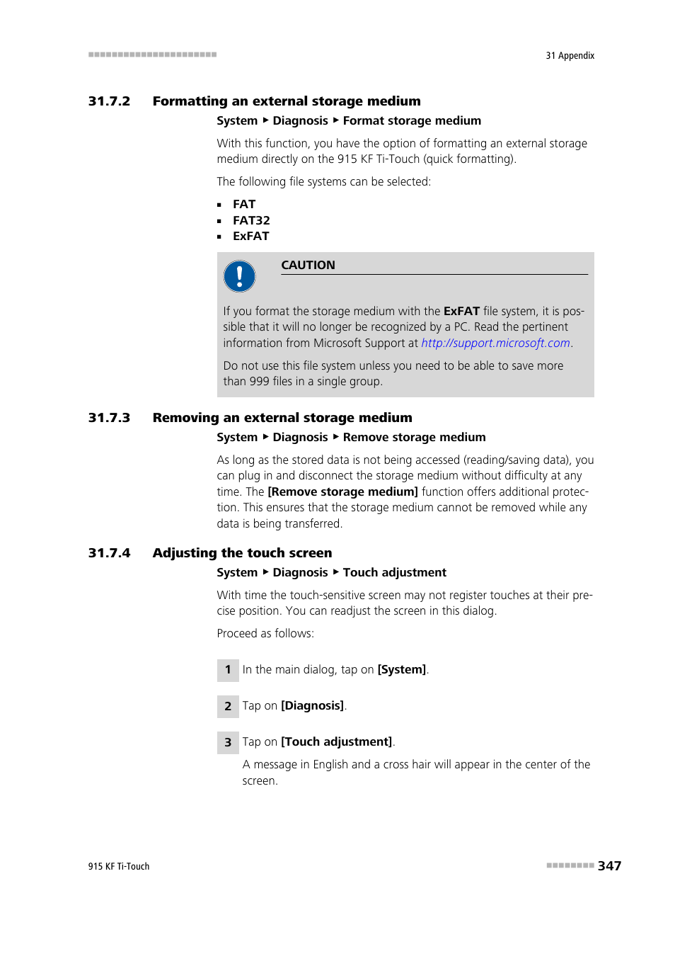 2 formatting an external storage medium, 3 removing an external storage medium, 4 adjusting the touch screen | Formatting an external storage medium, Removing an external storage medium, Adjusting the touch screen | Metrohm 915 KF Ti-Touch User Manual | Page 361 / 382