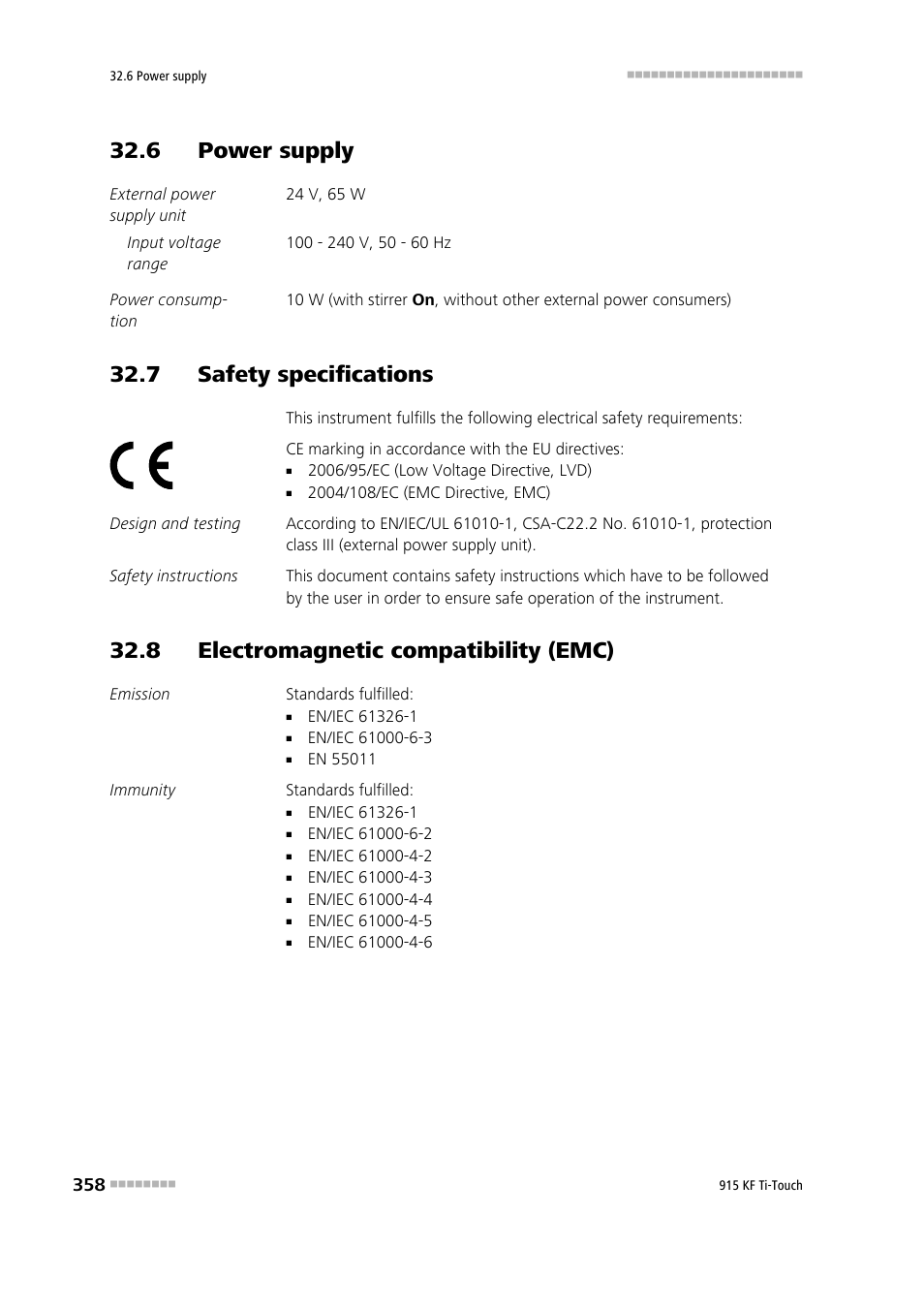 6 power supply, 7 safety specifications, 8 electromagnetic compatibility (emc) | Metrohm 915 KF Ti-Touch User Manual | Page 372 / 382