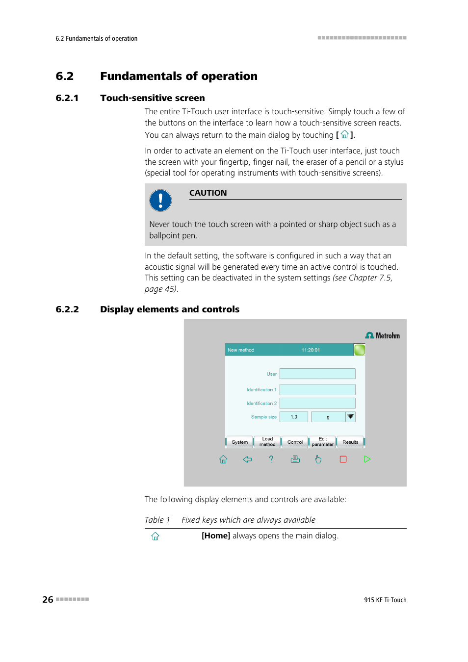 2 fundamentals of operation, 1 touch-sensitive screen, 2 display elements and controls | Fundamentals of operation, Touch-sensitive screen, Display elements and controls | Metrohm 915 KF Ti-Touch User Manual | Page 40 / 382