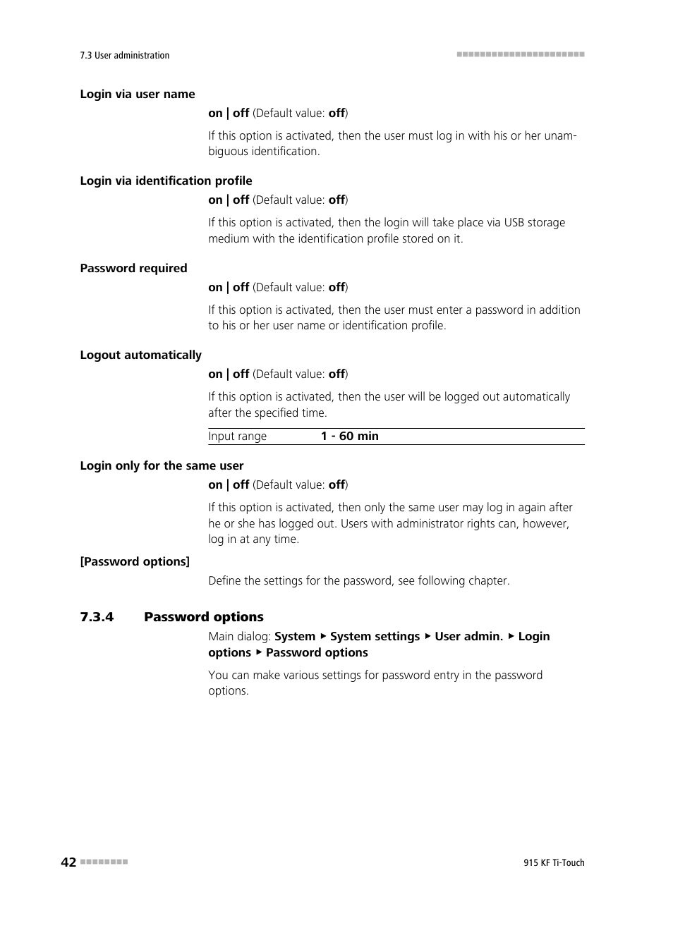 4 password options, Password options | Metrohm 915 KF Ti-Touch User Manual | Page 56 / 382