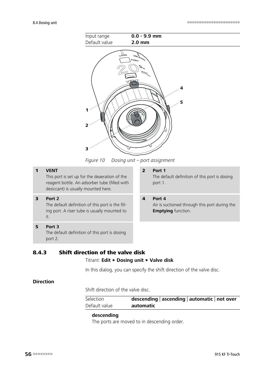 3 shift direction of the valve disk, Shift direction of the valve disk, Figure 10 | Dosing unit – port assignment | Metrohm 915 KF Ti-Touch User Manual | Page 70 / 382